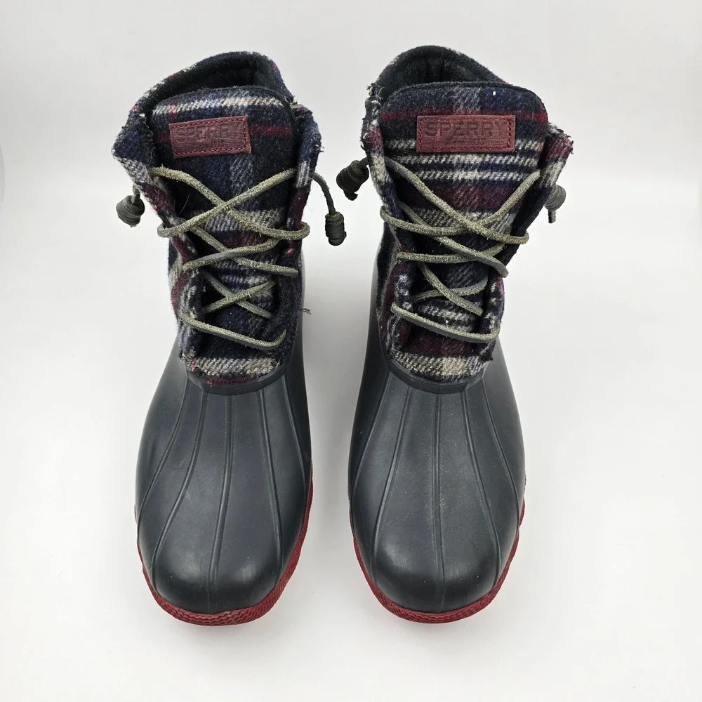 Sperry Saltwater Duck Boots Womens‎ 10 M Blue Red Wool Plaid Waterproof Rubber